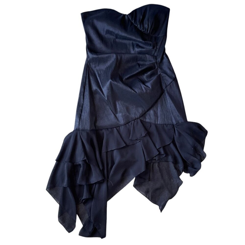 Y2K Vintage City Triangles Black Strapless Ruffle Prom Dress Size S goth fairy